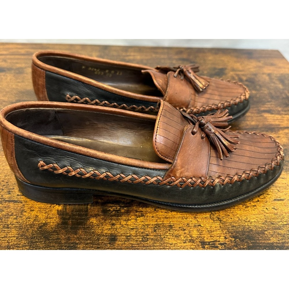 Cole Haan Two Tone Leather Tassel Kiltie Loafers Brown Black Woven Size 8 Shoes - Picture 3 of 13